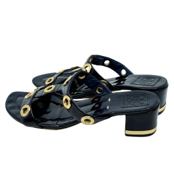 TORY BURCH~Kathryn Grommet~BLUE PATENT LEATHER MID HEIGHT BLOCK HEEL SHOES SZ 11 - Picture 4 of 8